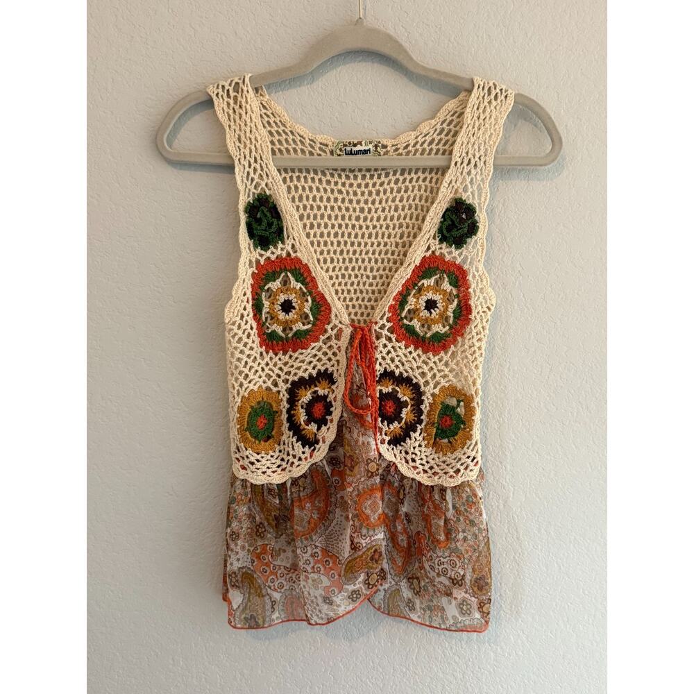 Lulumari Cream Crochet Vest with Orange & Green Floral Accents